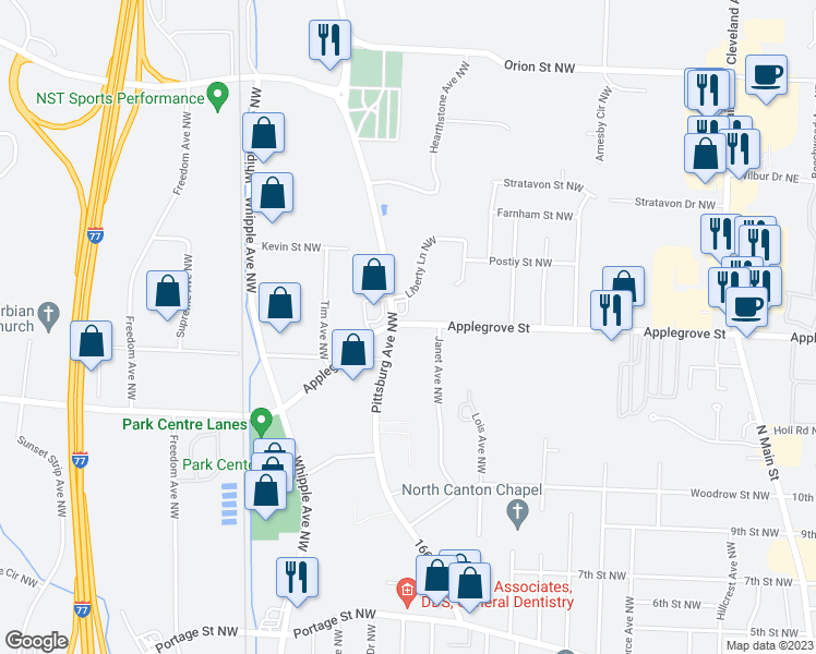 map of restaurants, bars, coffee shops, grocery stores, and more near 1132 Applegrove Street Northwest in North Canton