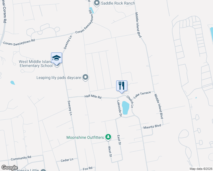 map of restaurants, bars, coffee shops, grocery stores, and more near 33 Pine Cone Street in Middle Island