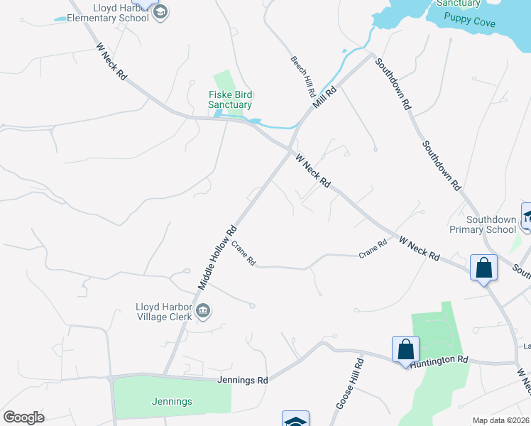 map of restaurants, bars, coffee shops, grocery stores, and more near 5 Middle Hollow Road in Lloyd Harbor