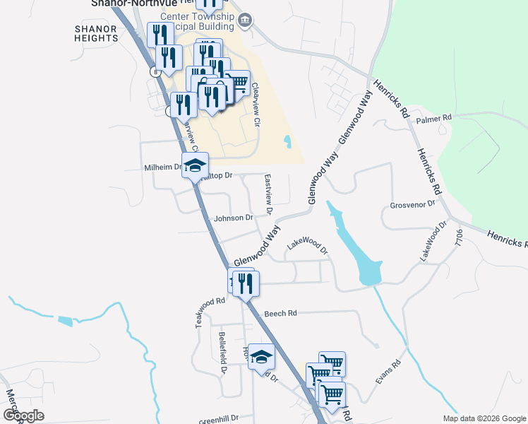 map of restaurants, bars, coffee shops, grocery stores, and more near 404 Beechwood Boulevard in Butler