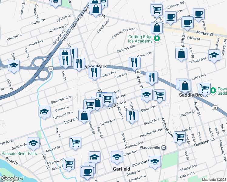 map of restaurants, bars, coffee shops, grocery stores, and more near 401 Van Bussum Avenue in Garfield
