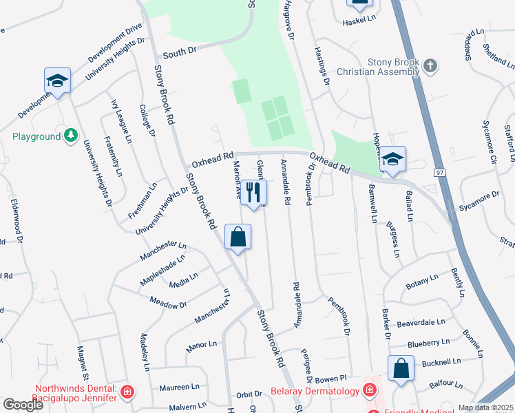 map of restaurants, bars, coffee shops, grocery stores, and more near 10 Glenridge Avenue in Stony Brook