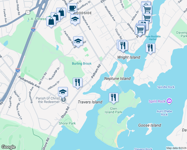 map of restaurants, bars, coffee shops, grocery stores, and more near 620 Pelham Road in New Rochelle