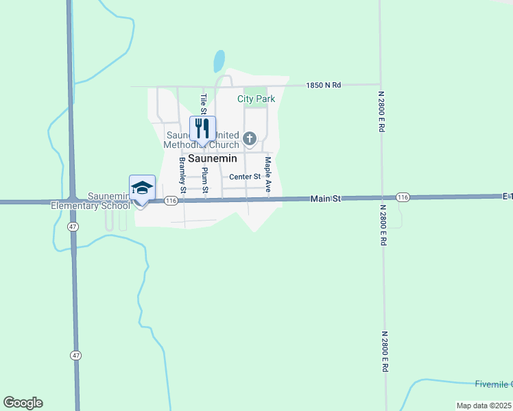map of restaurants, bars, coffee shops, grocery stores, and more near 66 Main Street in Saunemin