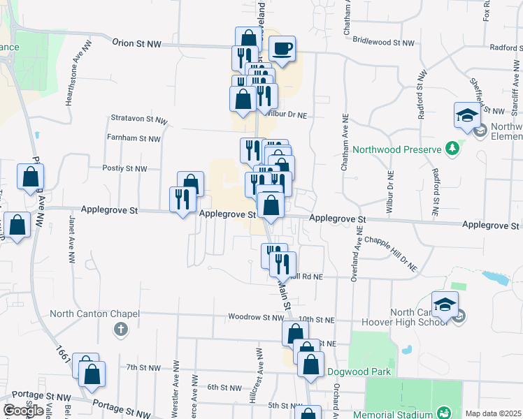 map of restaurants, bars, coffee shops, grocery stores, and more near 1401 North Main Street in North Canton