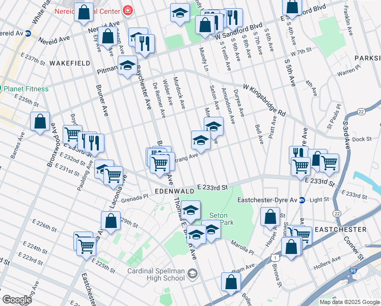 map of restaurants, bars, coffee shops, grocery stores, and more near 4025 Murdock Avenue in Bronx