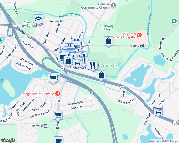 map of restaurants, bars, coffee shops, grocery stores, and more near 112 Broadway in Denville