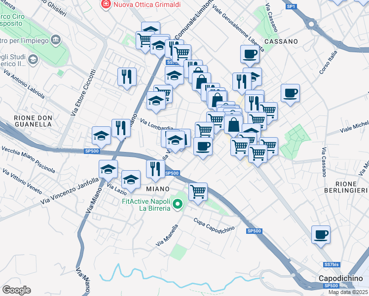 map of restaurants, bars, coffee shops, grocery stores, and more near 62 Via Trentino in Naples