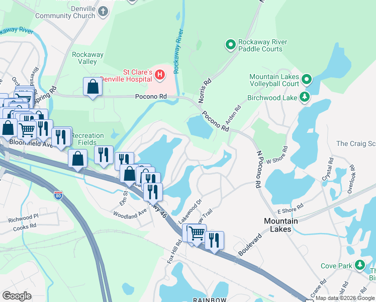 map of restaurants, bars, coffee shops, grocery stores, and more near 84 Lakewood Drive in Denville