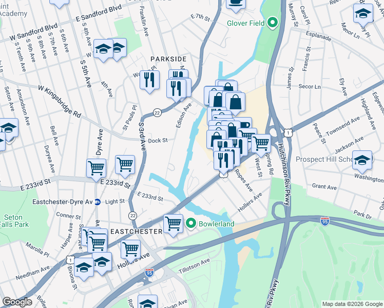 map of restaurants, bars, coffee shops, grocery stores, and more near 39 Edison Avenue in Mount Vernon