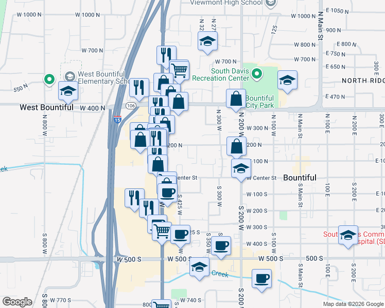 map of restaurants, bars, coffee shops, grocery stores, and more near 393 200 North in Bountiful
