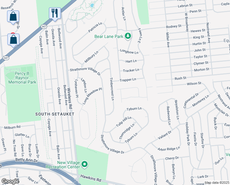 map of restaurants, bars, coffee shops, grocery stores, and more near 25 Grace Lane in Centereach