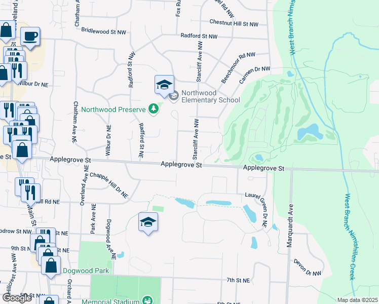 map of restaurants, bars, coffee shops, grocery stores, and more near 2487 Applegrove Street Northwest in North Canton