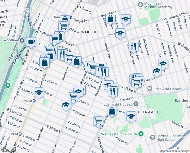 map of restaurants, bars, coffee shops, grocery stores, and more near 1760 Edenwald Avenue in Bronx