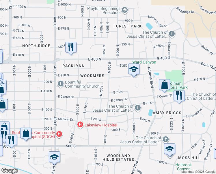 map of restaurants, bars, coffee shops, grocery stores, and more near 196 North 800 East in Bountiful