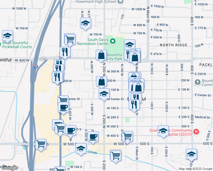 map of restaurants, bars, coffee shops, grocery stores, and more near 172 West 200 North in Bountiful
