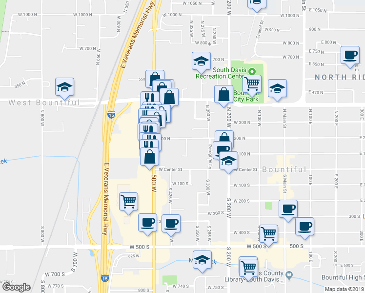 map of restaurants, bars, coffee shops, grocery stores, and more near 404 West 200 North in Bountiful