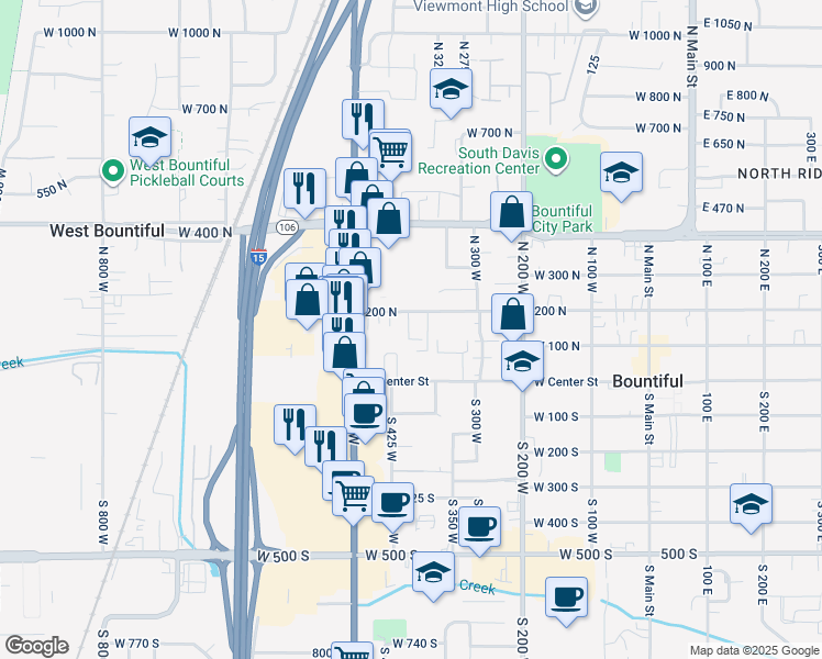 map of restaurants, bars, coffee shops, grocery stores, and more near 404 West 200 North in Bountiful