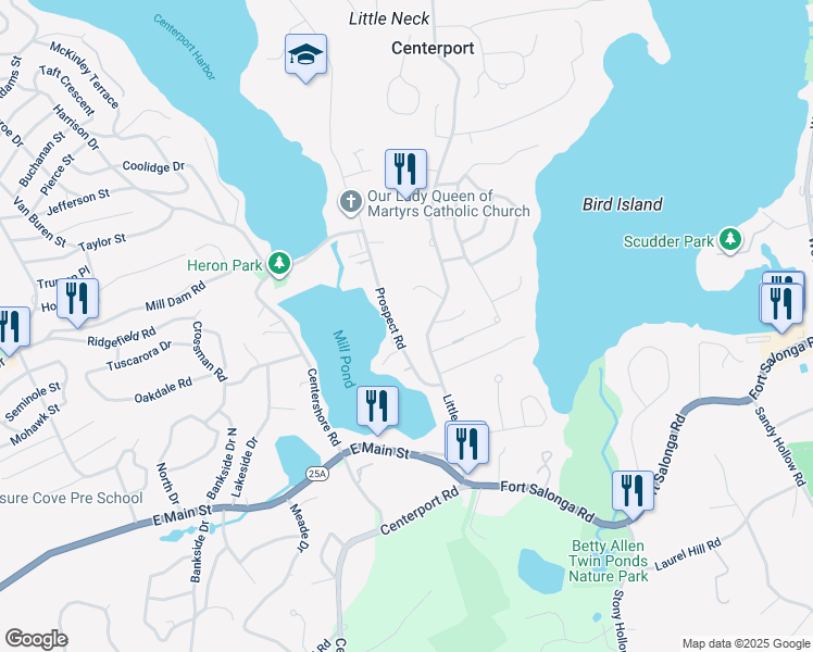 map of restaurants, bars, coffee shops, grocery stores, and more near 30 Prospect Road in Centerport