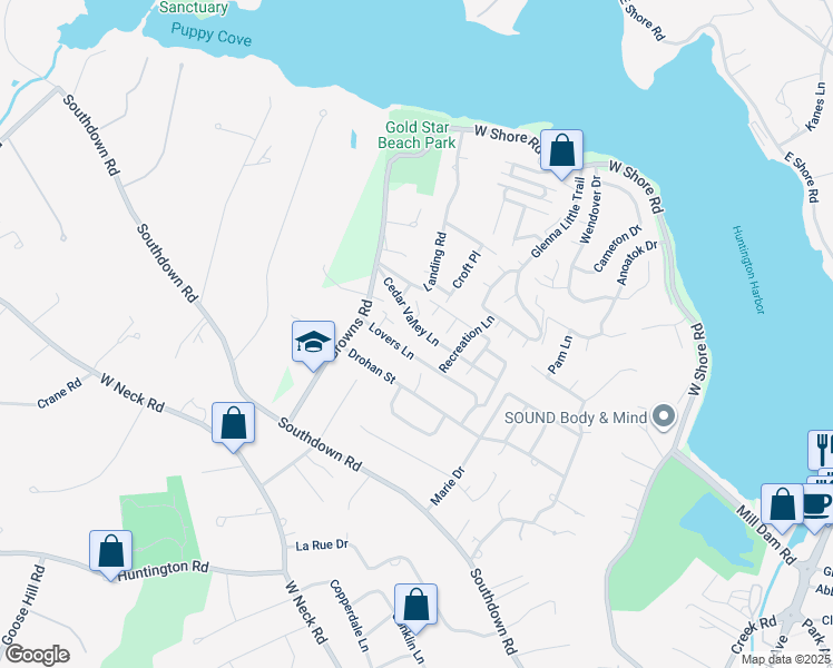 map of restaurants, bars, coffee shops, grocery stores, and more near 3 Lane L in Huntington