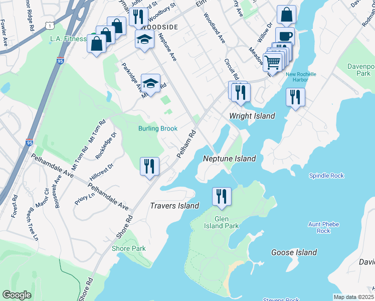 map of restaurants, bars, coffee shops, grocery stores, and more near 620 Pelham Road in New Rochelle