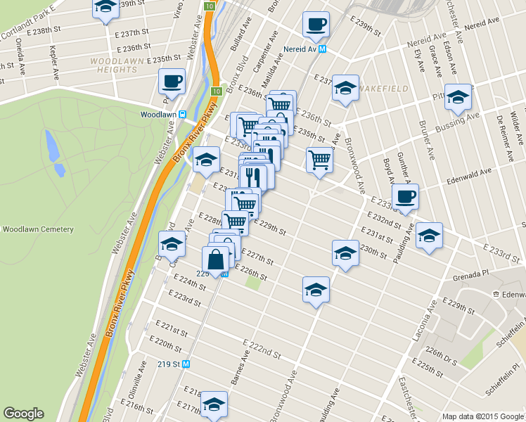 map of restaurants, bars, coffee shops, grocery stores, and more near in The Bronx