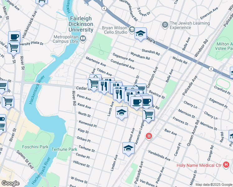 map of restaurants, bars, coffee shops, grocery stores, and more near 522 Maple Avenue in Teaneck
