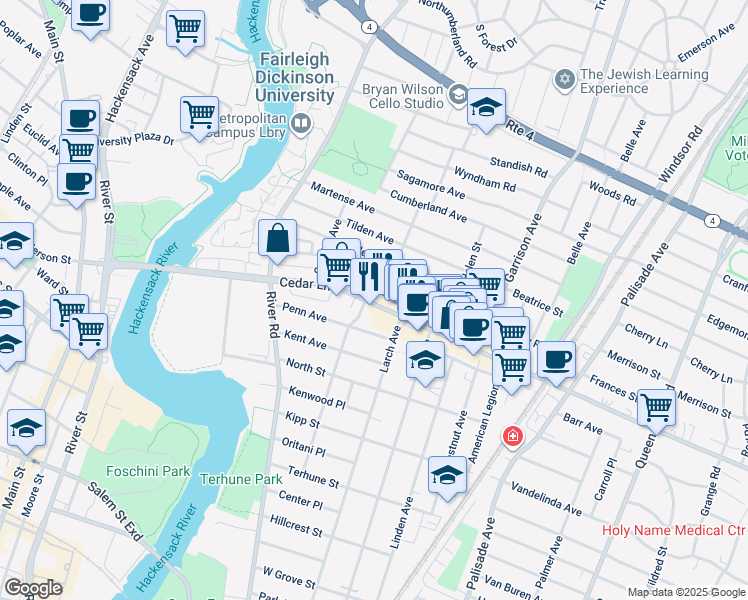 map of restaurants, bars, coffee shops, grocery stores, and more near 537 Beverly Road in Teaneck
