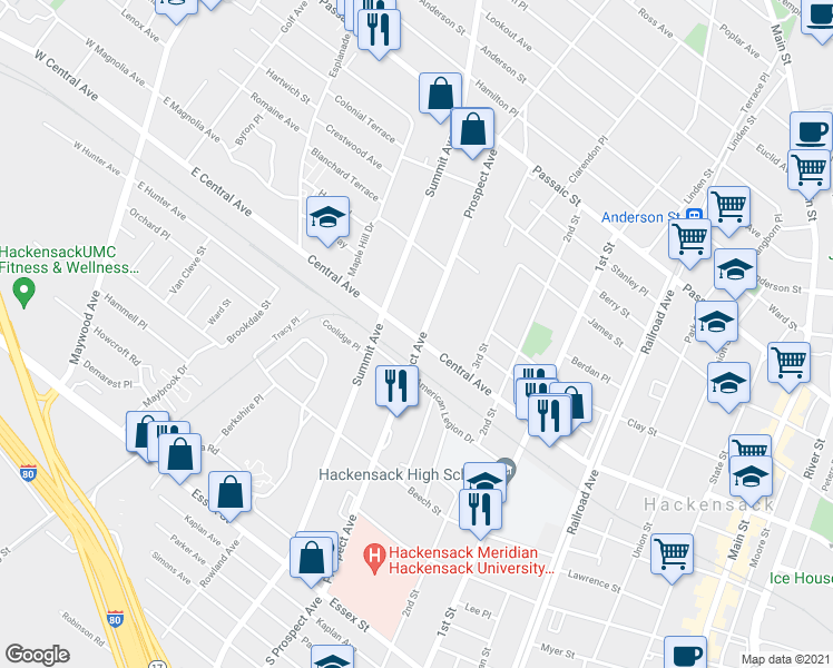 map of restaurants, bars, coffee shops, grocery stores, and more near 235 Prospect Avenue in Hackensack