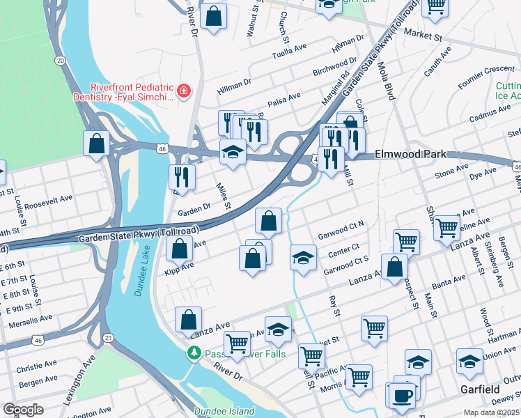 map of restaurants, bars, coffee shops, grocery stores, and more near 93 Bank Street in Elmwood Park