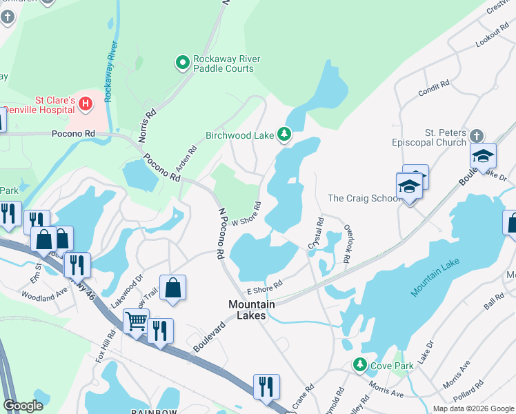 map of restaurants, bars, coffee shops, grocery stores, and more near 39 West Shore Road in Mountain Lakes