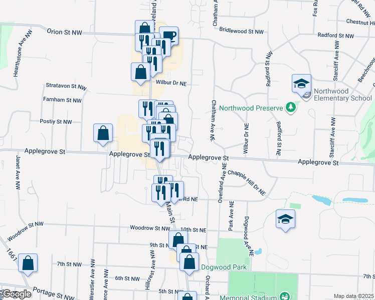 map of restaurants, bars, coffee shops, grocery stores, and more near 175 Applegrove Street Northeast in North Canton