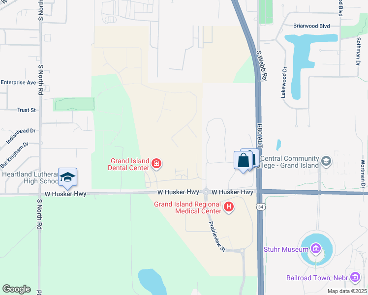 map of restaurants, bars, coffee shops, grocery stores, and more near 104 Lakeview Circle in Grand Island