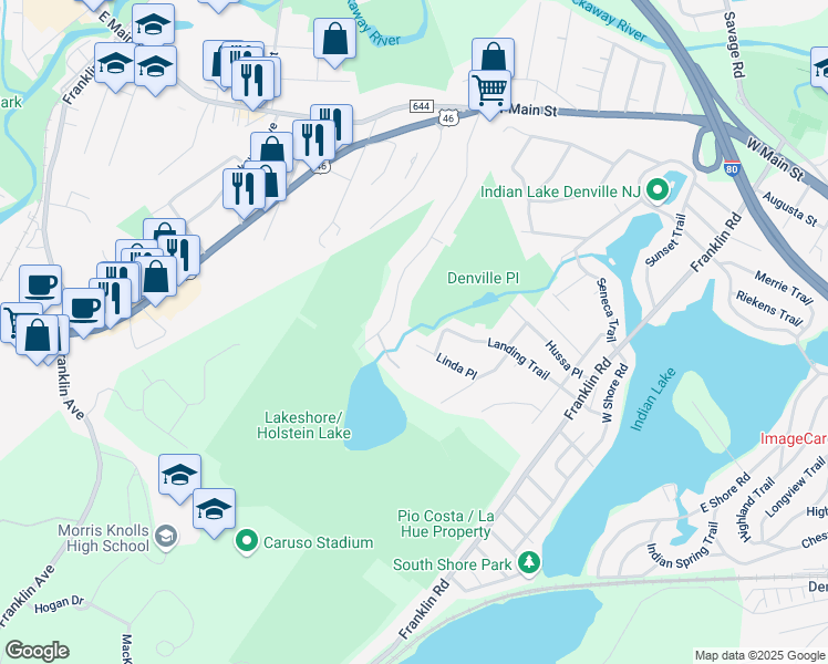 map of restaurants, bars, coffee shops, grocery stores, and more near 72 Landing Trail in Denville