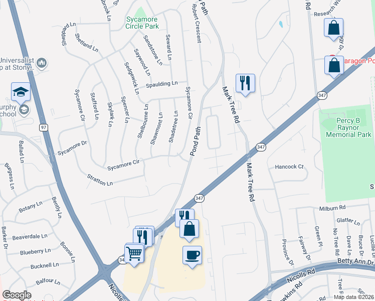 map of restaurants, bars, coffee shops, grocery stores, and more near 135 Sycamore Circle in Stony Brook
