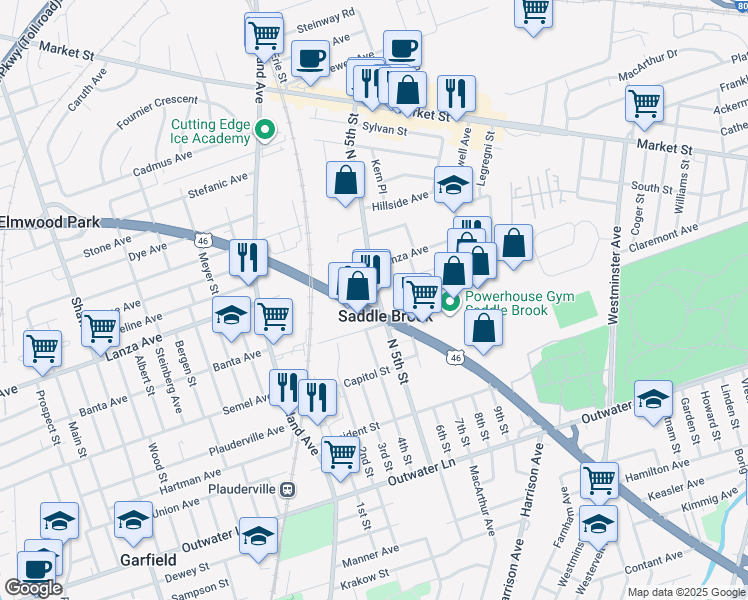 map of restaurants, bars, coffee shops, grocery stores, and more near 189 North 5th Street in Saddle Brook