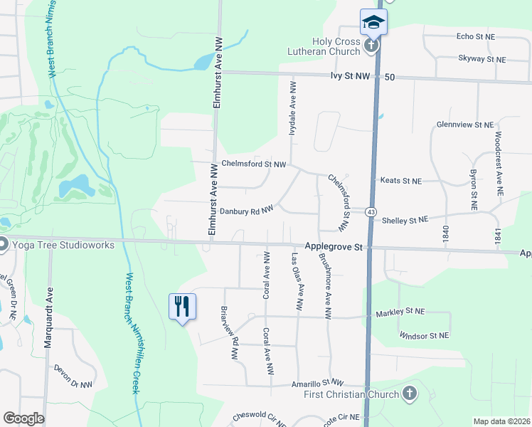 map of restaurants, bars, coffee shops, grocery stores, and more near 1277 Danbury Road Northwest in North Canton
