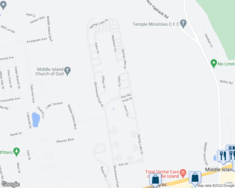 map of restaurants, bars, coffee shops, grocery stores, and more near 6 Sophia Drive in Middle Island