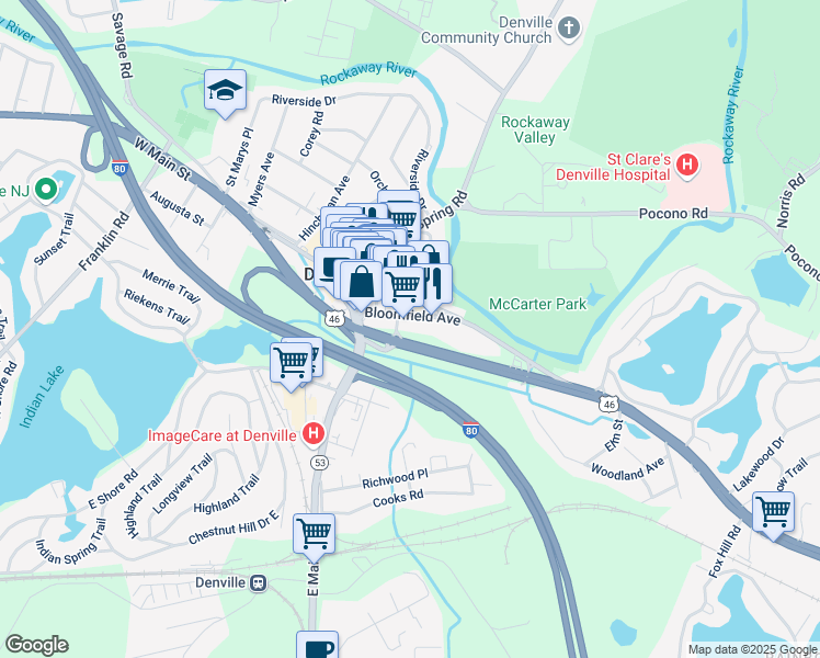 map of restaurants, bars, coffee shops, grocery stores, and more near 45 Bloomfield Avenue in Denville