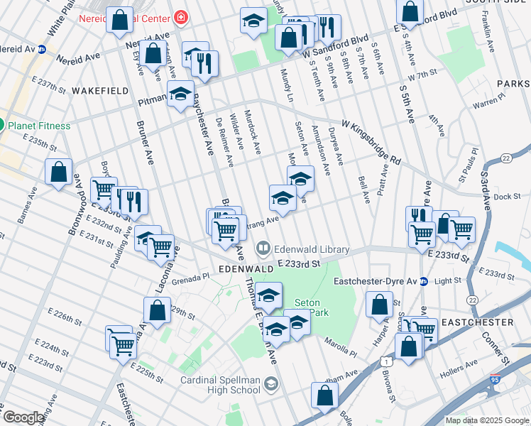 map of restaurants, bars, coffee shops, grocery stores, and more near 4025 Murdock Avenue in Bronx
