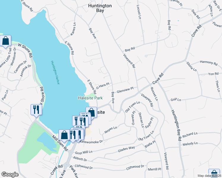 map of restaurants, bars, coffee shops, grocery stores, and more near 40 Bay Avenue in Halesite
