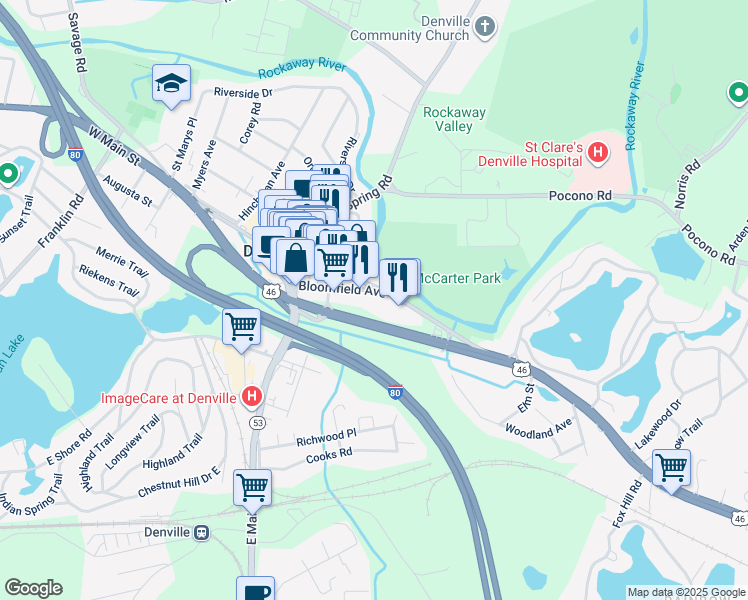 map of restaurants, bars, coffee shops, grocery stores, and more near 75 Broadway in Denville