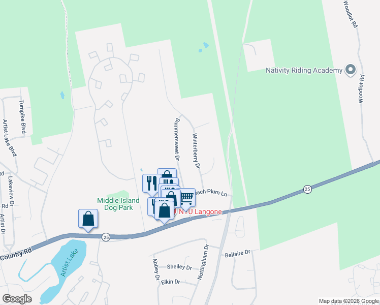 map of restaurants, bars, coffee shops, grocery stores, and more near 18 Winterberry Drive in Middle Island