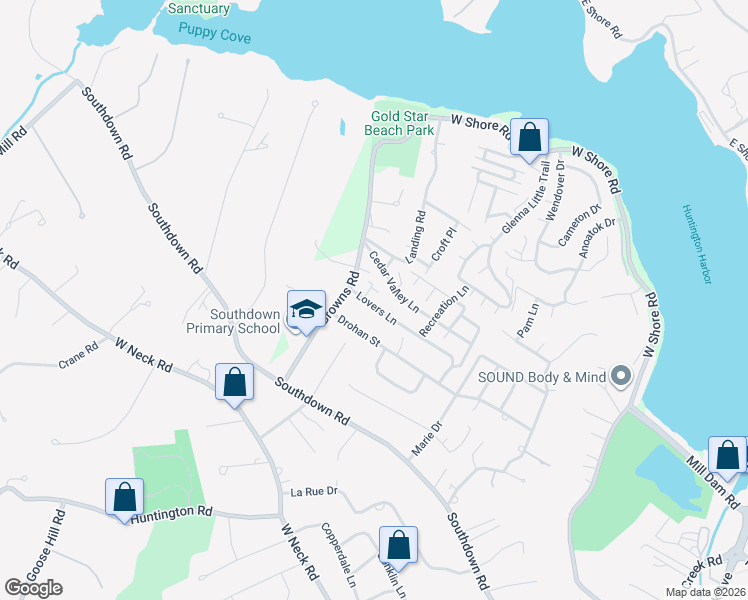 map of restaurants, bars, coffee shops, grocery stores, and more near 15 Sea Ridge Court in Huntington