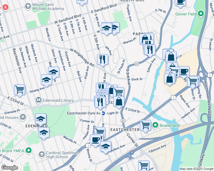 map of restaurants, bars, coffee shops, grocery stores, and more near 4026 Rombouts Avenue in Bronx
