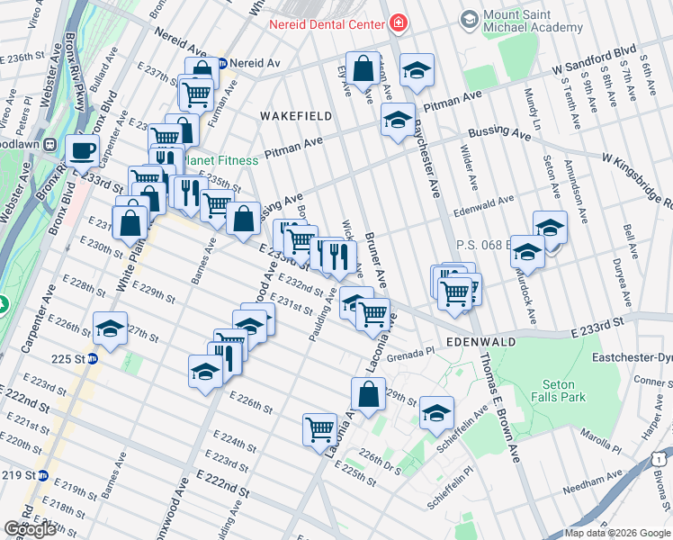 map of restaurants, bars, coffee shops, grocery stores, and more near 1760 Edenwald Avenue in Bronx
