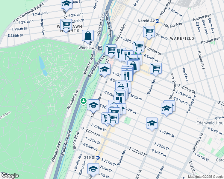 map of restaurants, bars, coffee shops, grocery stores, and more near 629 East 229th Street in Bronx