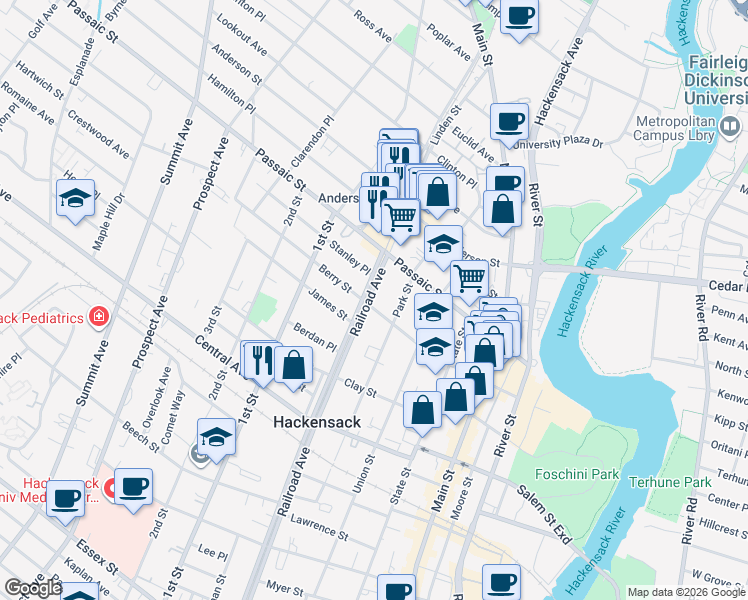 map of restaurants, bars, coffee shops, grocery stores, and more near 170 Berry Street in Hackensack