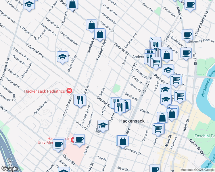 map of restaurants, bars, coffee shops, grocery stores, and more near 279 3rd Street in Hackensack