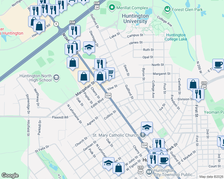 map of restaurants, bars, coffee shops, grocery stores, and more near 57 Vine Street in Huntington
